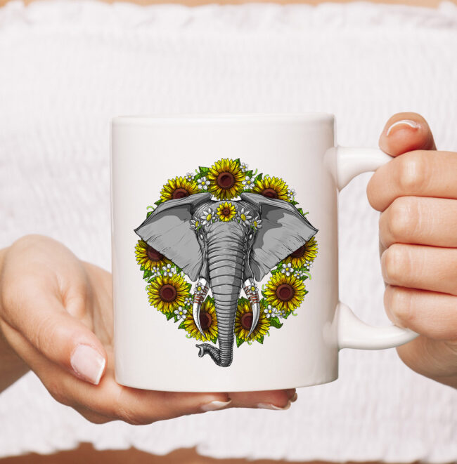 Elephant Sunflowers Funny Animal Hippie Women Girls Kids mug 1