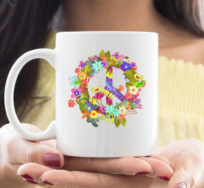 Peace Sign Hippie Wreath CoffeeMug Boho Hippie Gift PEACE & LOVE Mug 1