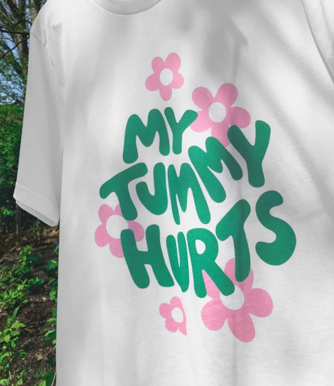 My Tummy Hurts Aesthetic Tee Shirt | Groovy Graphic Tee | Trendy Y2K | Tumblr Graphic Tee | Celiac, Gluten-free, IBS, Lactose, Green Pink 1