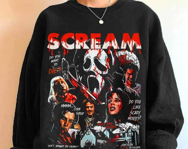 Scream Movie Characters Sweatshirt, Horror Movie Fan Shirt, Ghostface, Billy Loomis, Stu Macher, Sidney Prescott, Halloween Sweater 1